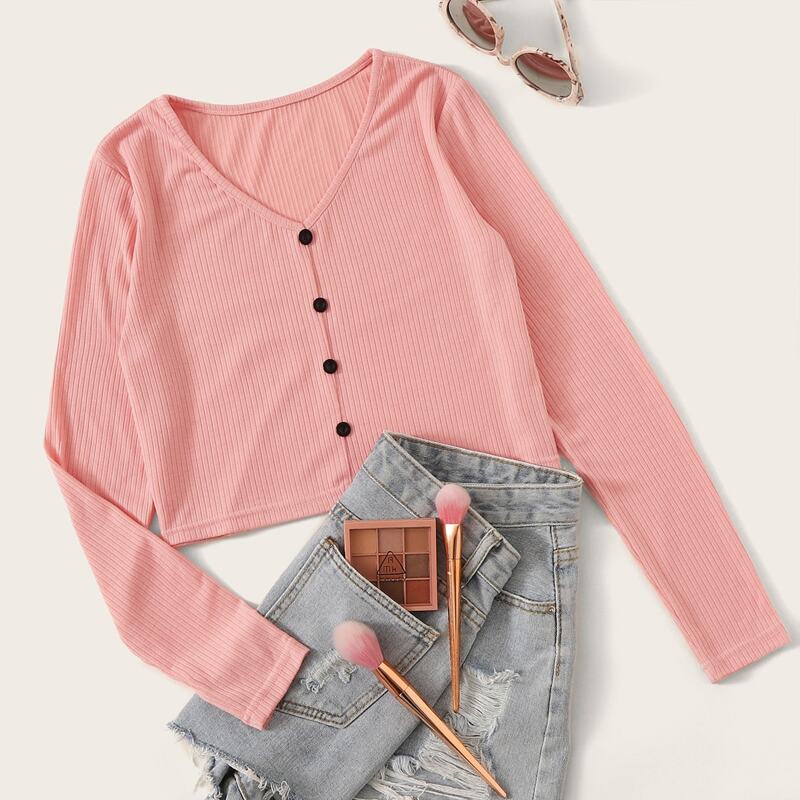 

Button Front V-neck Ribbed Tee, Pink