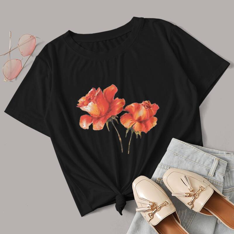 

Rose Print Short Sleeve Tee, Black