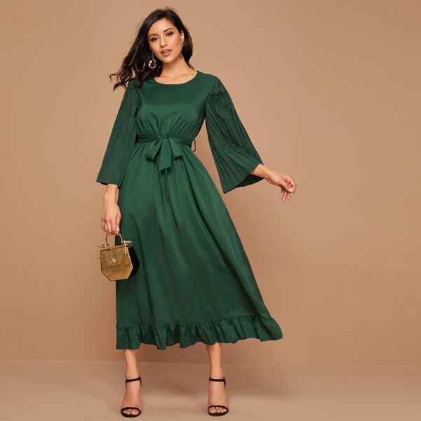 

Pleated Sleeve Self Tie Ruffle Hem A-line Dress, Green