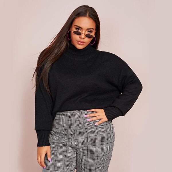 

Plus Turtle Neck Drop Shoulder Sweater, Black