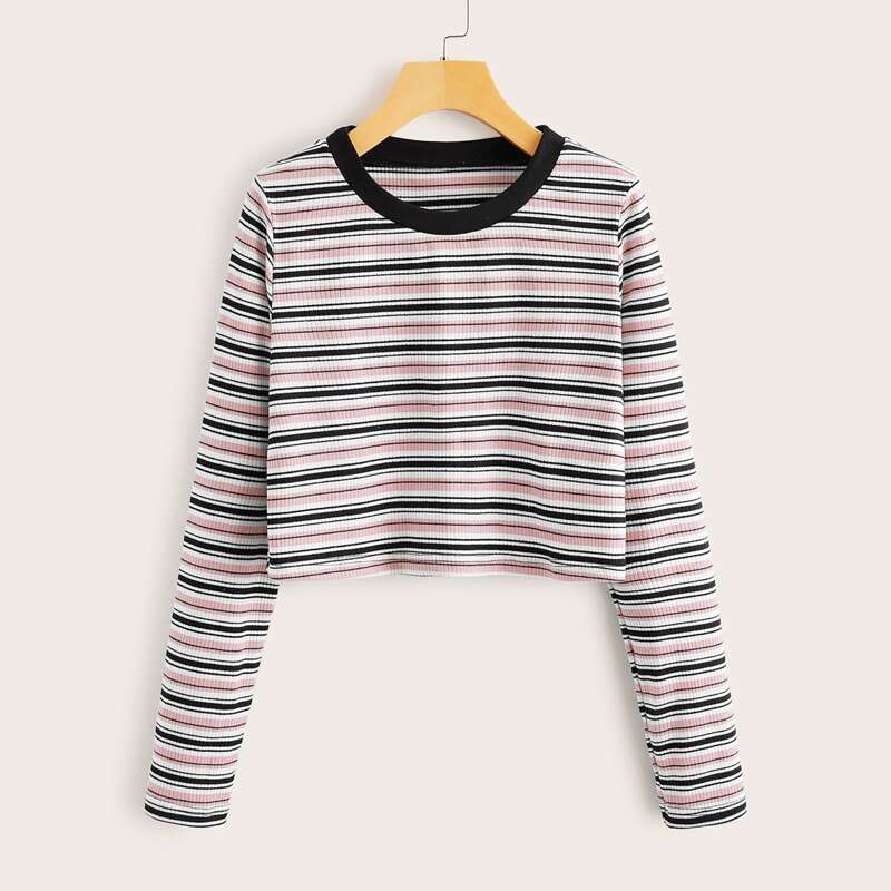 

Contrast Binding Striped Crop Ribbed Tee, Multicolor