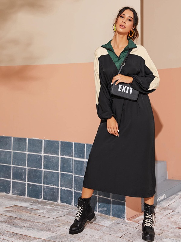 

Half Zip Contrast Panel A-line Dress, Black, Gabe