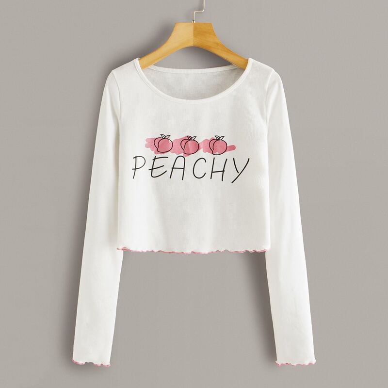 

Peaches & Letter Graphic Lettuce Trim Ribbed Tee, White