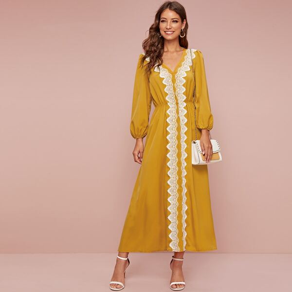 

V-neck Contrast Lace A-line Dress