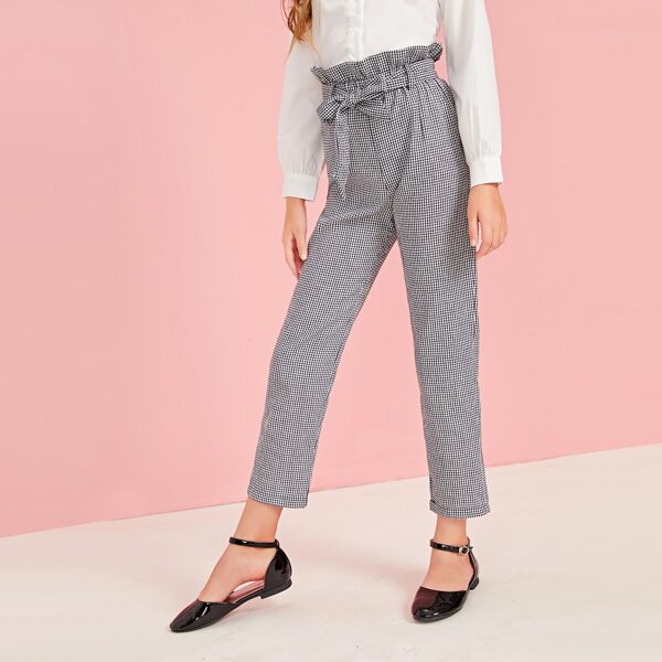 

Girls Paperbag Waist Gingham Pants, Grey