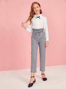 SHEIN Girls Paperbag Waist Gingham Trousers - Grey - View 3