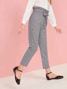 SHEIN Girls Paperbag Waist Gingham Trousers - Grey - View 4