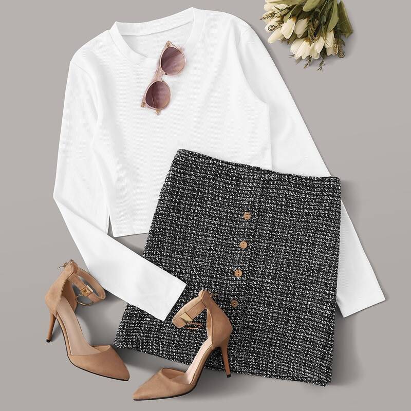 

Solid Long Sleeve Ribbed Tee & Tweed Skirt, Black and white