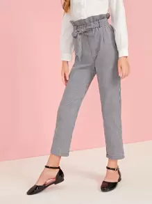 SHEIN Girls Paperbag Waist Gingham Trousers - Grey - View 1