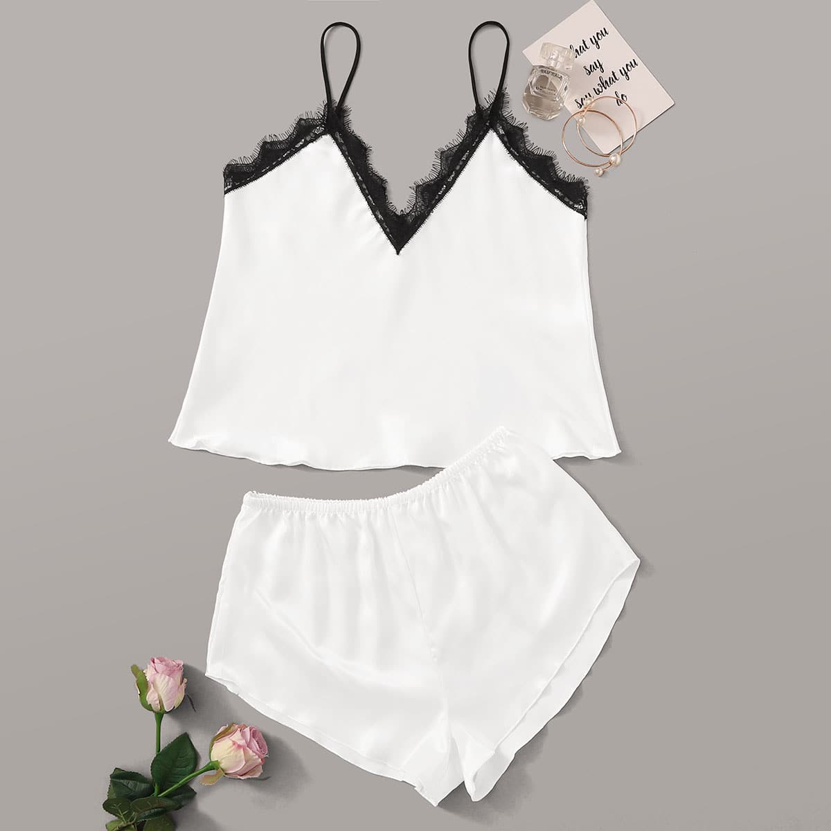 

Contrast Lace Satin Cami Pajama Set, White
