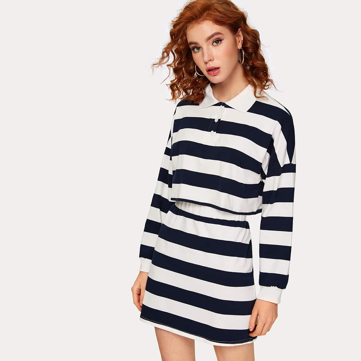 

Striped Polo Neck Sweatshirt & Skirt, Multicolor