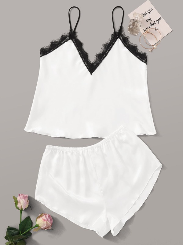 

Contrast Lace Satin Cami Pajama Set, White