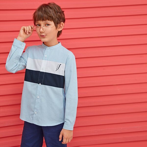 

Boys Lightning Print Cut-and-sew Shirt, Blue pastel