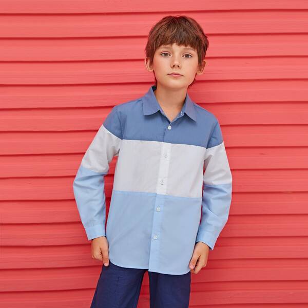 

Boys Curved Hem Colorblock Shirt, Multicolor pastel