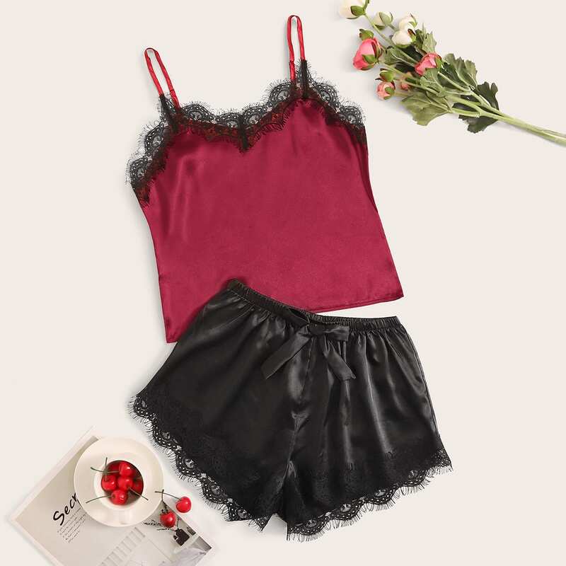 

Lace Trim Satin Cami Pajama Set, Multicolor