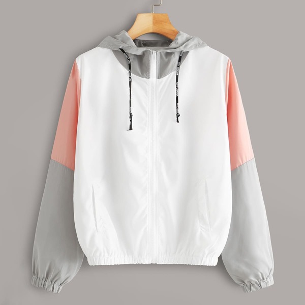 

Color-block Zip-up Hooded Windbreaker Jacket, White