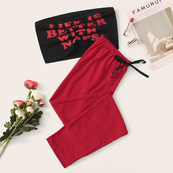 

Letter Graphic Bandeau With Pants PJ Set, Multicolor