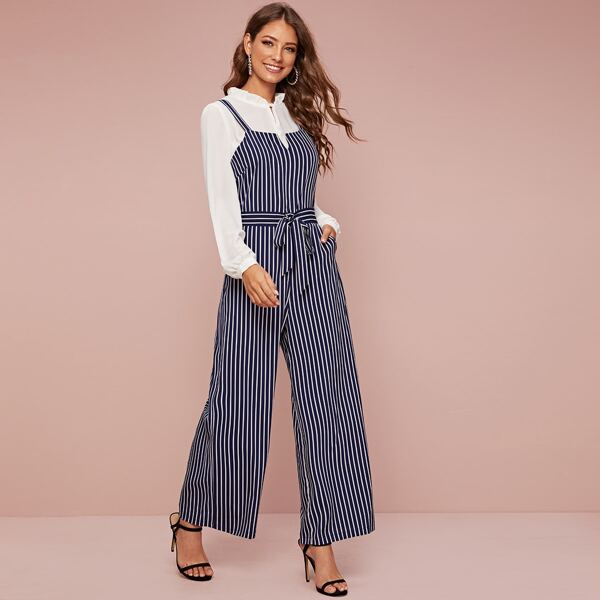 

Striped Wide Leg Cami Jumpsuit, Navy