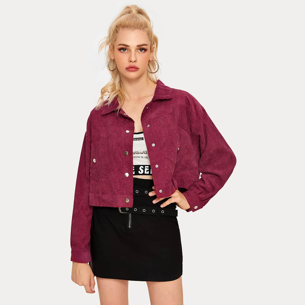 

Solid Single-breasted Corduroy Jacket, Burgundy