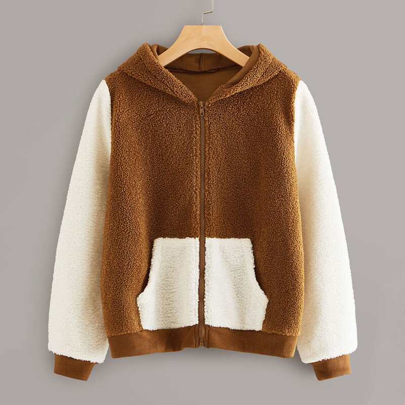 

Color-block Pocket Front Zip-up Hooded Teddy Jacket, Brown