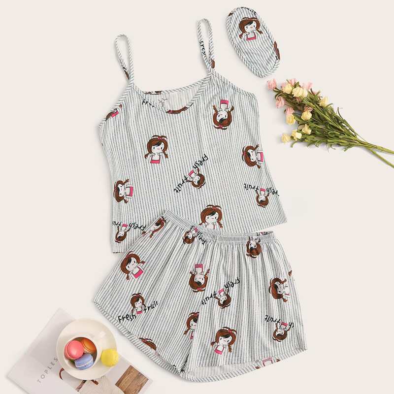 

Cartoon Graphic Striped Cami PJ Set With Eye Mask, Multicolor