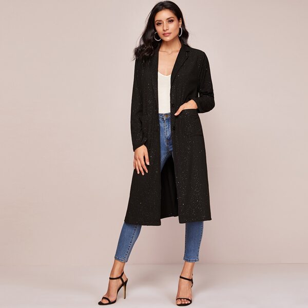 

Glitter Dual Pocket Open Front Coat, Black