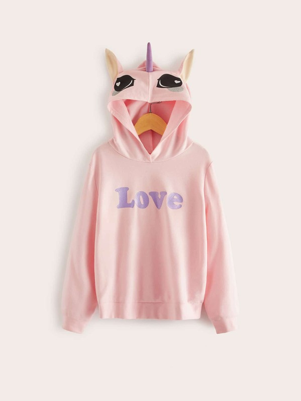 

Girls Letter Graphic Sweatshirt With Unicorn Hood, Pink