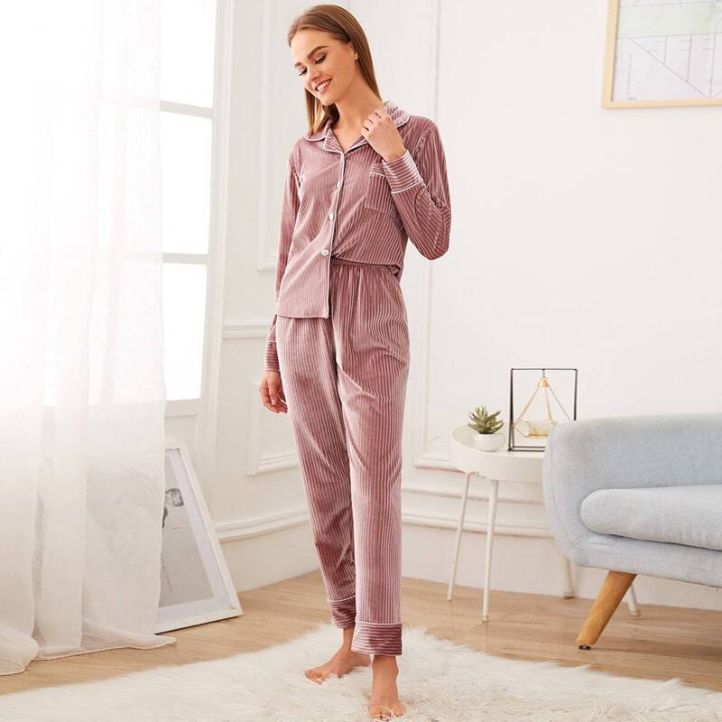 

Textured Button Front Velvet Pajama Set, Pink