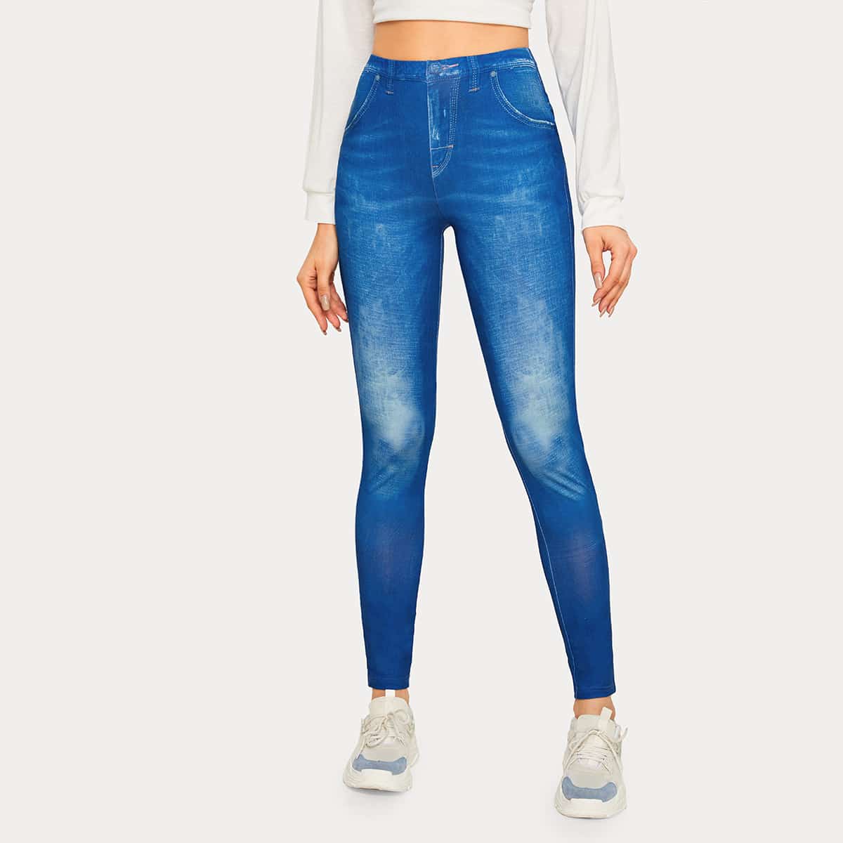 

Solid Imitation Cowboy Skinny Leggings, Blue