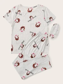 Cartoon Graphic Striped PJ Set / Pajama Set With Eye Cover Holiday Season - Multicolor - View 2