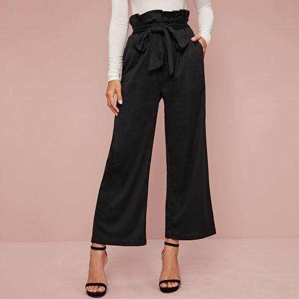 

Paper Bag Waist Self Tie Wide Leg Pants, Black