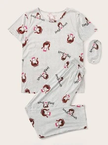 Cartoon Graphic Striped PJ Set / Pajama Set With Eye Cover Holiday Season - Multicolor - View 3