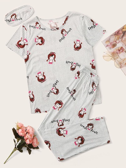 طقم بيجامة مخطط مع غطاء للعين بطبعات كرتونية، مناسب لموسم العطلات