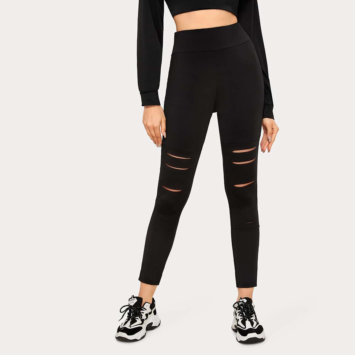 

Solid Ripped High Rise Leggings, Black