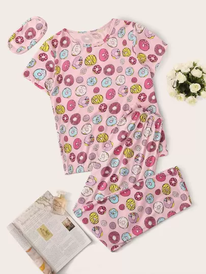 Set de pijama con estampado de dónut con máscara de ojo