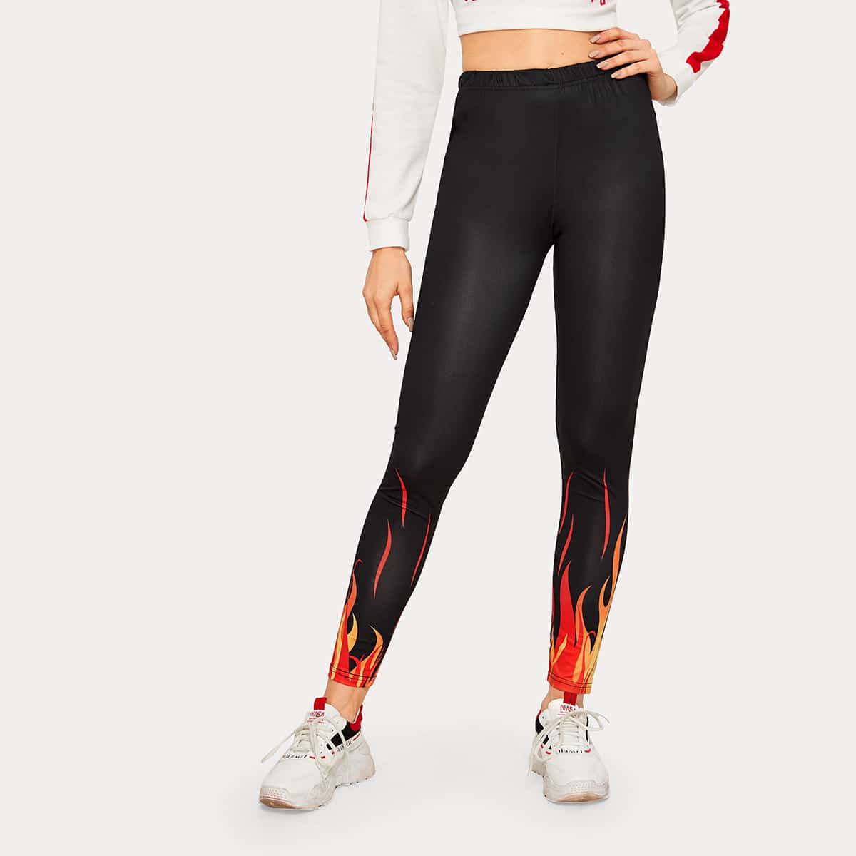 

Halloween Fire Print Elastic Waist Leggings, Black