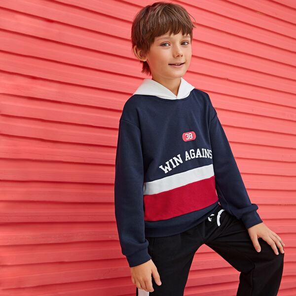 

Boys Slogan Graphic Colorblock Hoodie, Navy