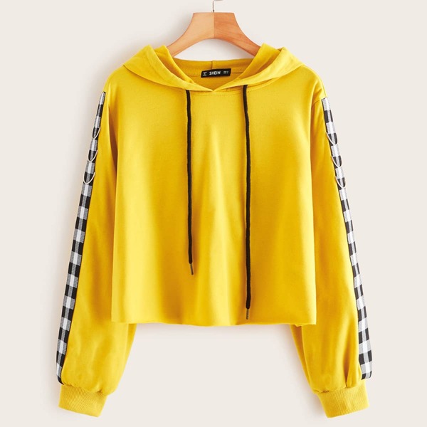 

Drawstring Detail Plaid Tape Sleeve Hoodie, Yellow bright