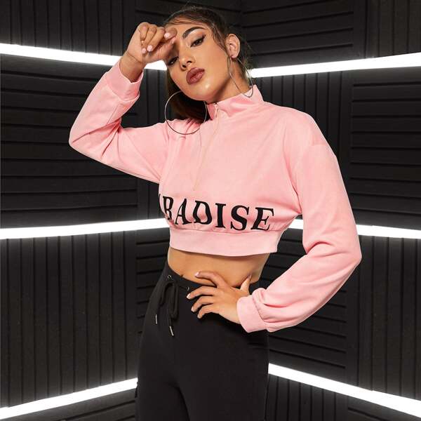 

Zip Half Placket Letter Graphic Suede Crop Pullover, Pink pastel