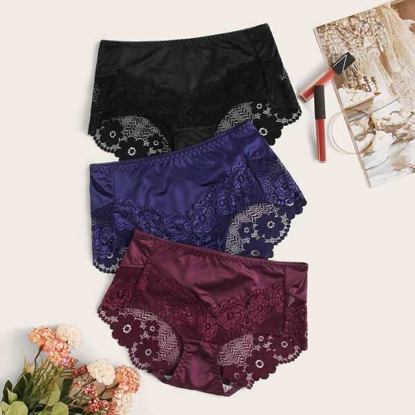 

3pack Lace Trim Satin Panty Set, Multicolor