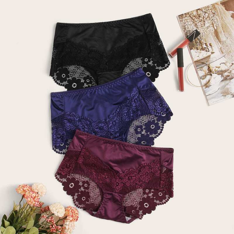 

3pack Lace Trim Satin Panty Set, Multicolor