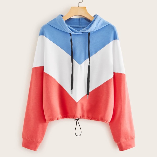 

Color-block Chevron Drawstring Hem Hoodie, Multicolor