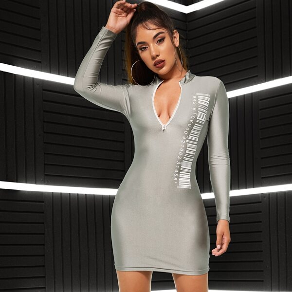 

Bar-code Print Zip Half Placket Silky Dress, Grey