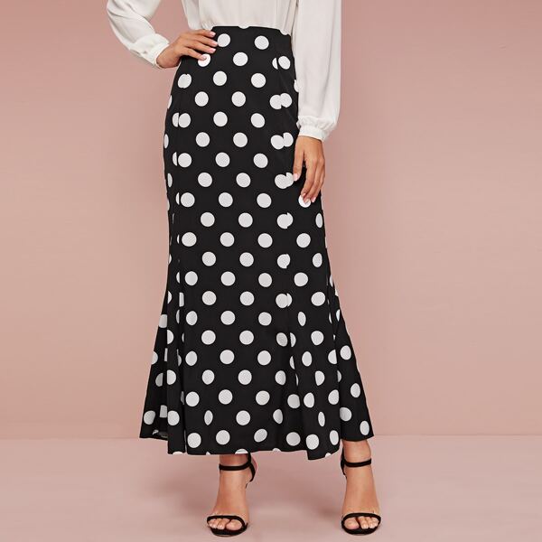 

Allover Polka Dot Mermaid Skirt, Black and white