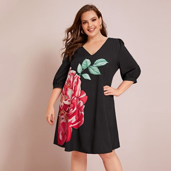 

Plus Puff Sleeve Floral Print Dress, Black