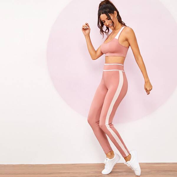 

Contrast Panel Racer Back Sports Bra With Leggings, Pink