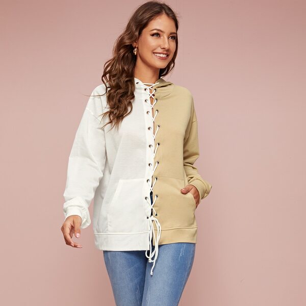 

Two Tone Lace Up Front Hoodie, Multicolor