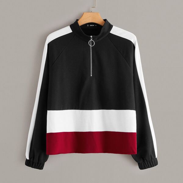 

Plus O-ring Zip Raglan Sleeve Colorblock Sweatshirt, Black