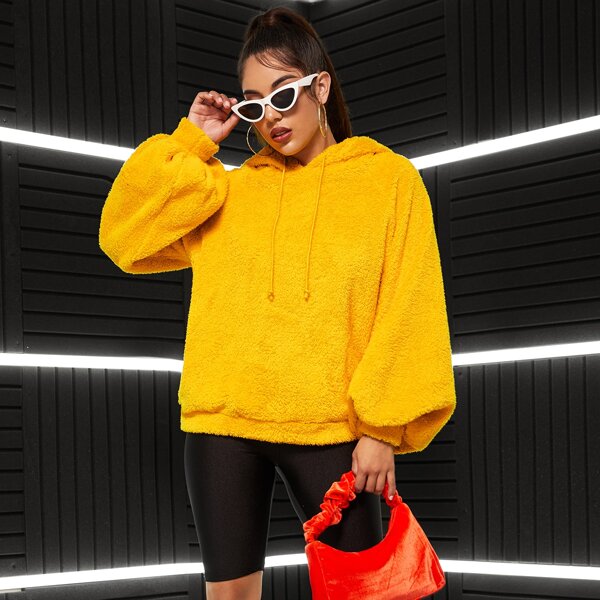 

Lantern Sleeve Drawstring Teddy Hoodie