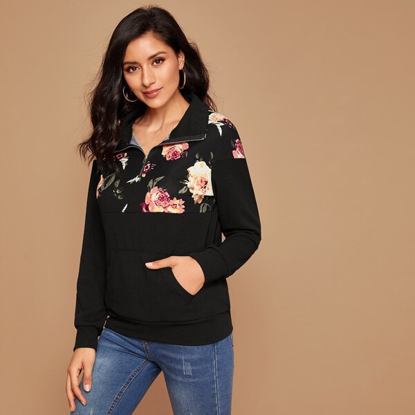 

Half Zip Floral Print Sweatshirt, Black